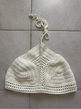 Tiger Mist Cream Crochet Halter Crop Top